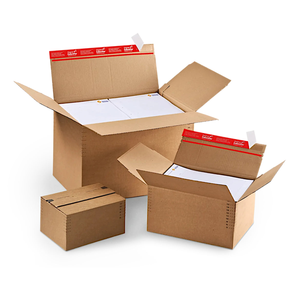 Papkasse med variabel dybde med selvlukkende lukning til forsendelser