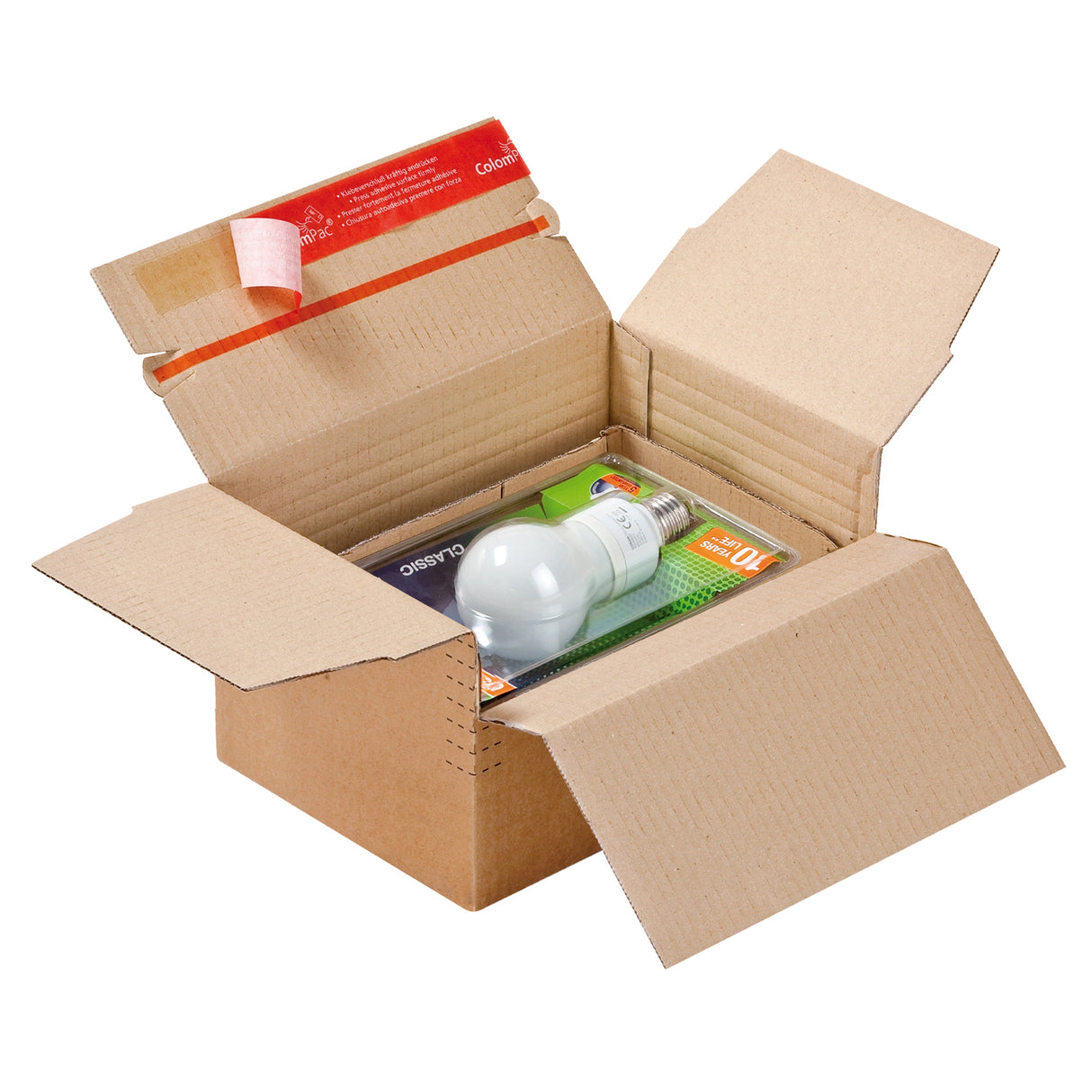 Papkasse med variabel dybde med selvlukkende lukning til forsendelser